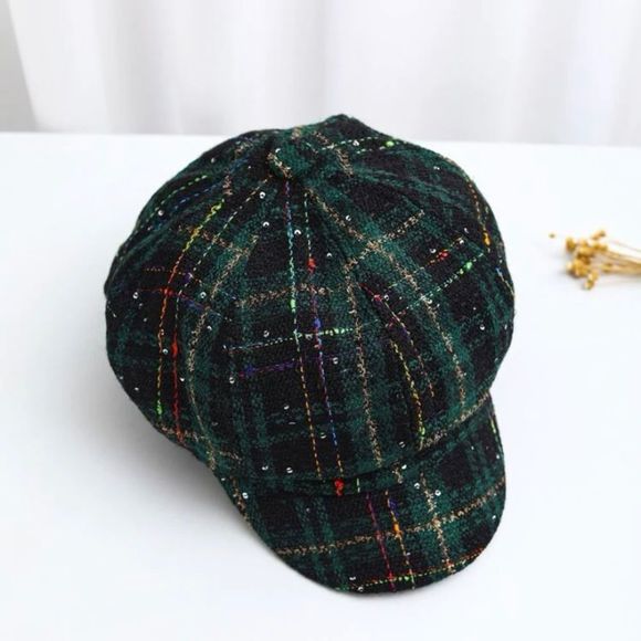 Green Plaid pattern sequins decor baker boy hat - Picture 3 of 6